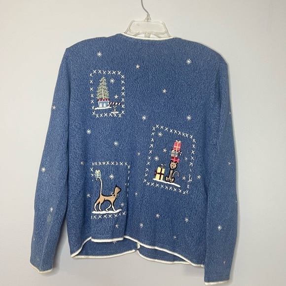 Christopher & Banks Cat Christmas Hand Embroidered Knit Winter Cardigan Large - Picture 5 of 8